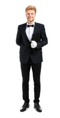 Handsome waiter on white background