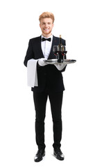 Handsome waiter with wine on white background