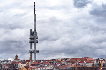 Obraz premium View on Zizkov TV tower and the roofs of Prague