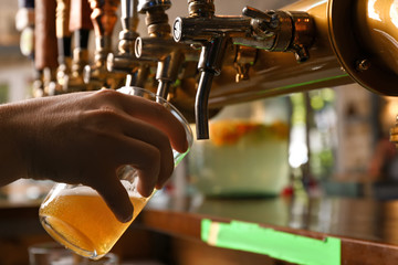 Barman pouring fresh beer in glass, closeup