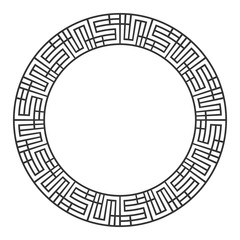 Abstract round meander, circular geometric ornament, striped frame.