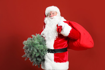Santa Claus with fir tree and gifts on color background
