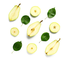 Fresh cut pears on white background