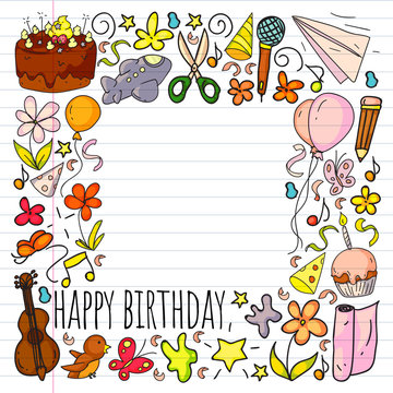 Drawing by pen on exercise notebook. Vector set of cute creative illustration templates with birthday theme design. Hand Drawn for holiday, party invitations.
