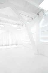 Abstract futuristic empty room interior in white with illumination and geometric decoration on the walls