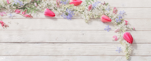 Fototapeta na wymiar spring flowers on white wooden background