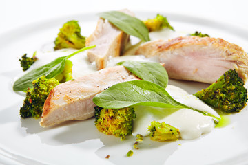 Turkey Fillet with Baked Cabbage Broccoli and Cheese Espuma