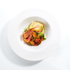 Exquisite Serving Warm Salad with Seafood and Avocado