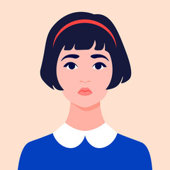 Portrait of a sad girl. Schoolgirl avatar. Face of a child. Vector flat illustration