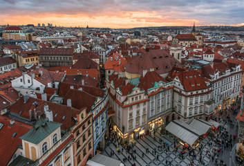 Aerial view on Prague center at sunset