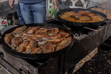 Cooking fishes on pan at night Campfire stock photo