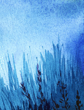 Abstract watercolor background. Dark evening night sky. Fill the gradient from high to light blue. Thick grass silhouette with glaze. Hand drawn watercolor illustration