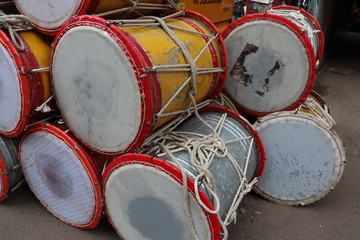 Big traditional indian drums used as a musical instrument. Drums are used during festivals to creat...