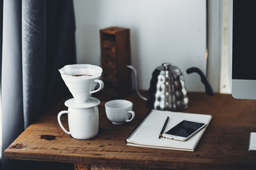 Drip coffee on the desk at home