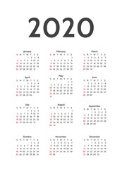 Simple calendar layout for 2020 years. Week starts from Sunday. Calendar design in black and white colors, holidays in red colors. Vector illustrations