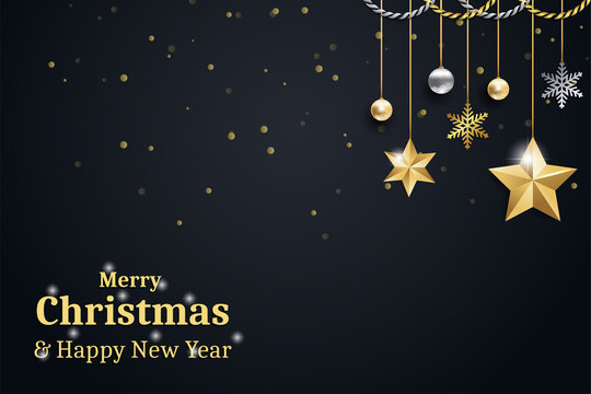 Merry christmas and happy new year black background with gold and silver elements