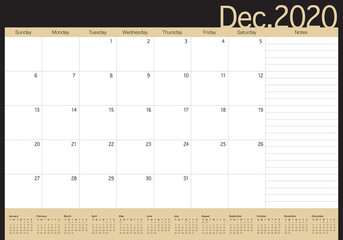 December 2020 desk calendar vector illustration