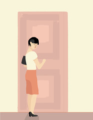 Secretary knocking the door to her boss. Working process concept. Office worker. Knock knock. Woman stands near the door and waits for her to open. Vector flat illustration in pastel tone. Young girl
