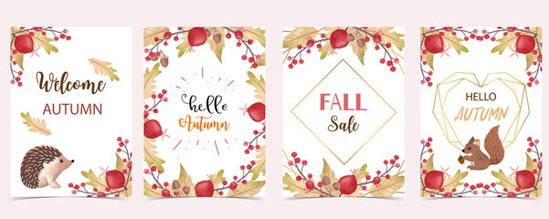 Collection of autumn background set with leaves,maple,acorn,frame.Editable vector illustration for birthday invitation,postcard and website banner