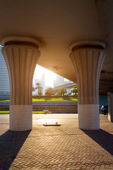 An elevated concrete road bridge seen from below.