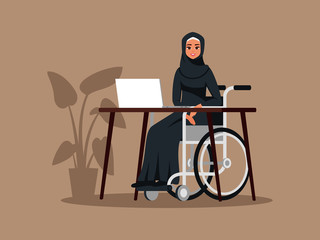 Disabled Arab young girl working in the office. Muslim business woman wearing hijab and black abaya sits in the invalid carriage. Vector illustration in flat cartoon style.