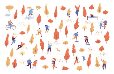Autumn landscape. Various people at autumn park background. Leisure outdoor activities - walking dog, playing with ball, jogging, reading, picnic. Cartoon style flat vector illustration.