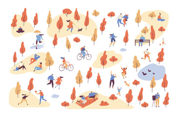 Autumn landscape. Various people at autumn park background. Leisure outdoor activities - walking dog, playing with ball, jogging, reading, picnic. Cartoon style flat vector illustration.
