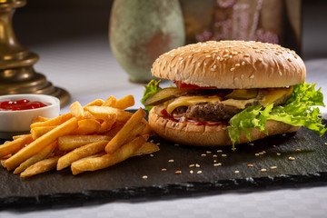 Burger and french fries, food close-up