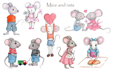 Set of mice and rats, watercolor illustrations. Hand drawn. Isolated on white.