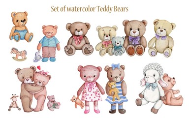 Collection of teddy bears. Watercolor set. Cute cartoon toy animals. 