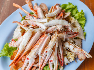 Crabs cooked food famous in thailand, steamed crabs boiled local seafood and spicy seafood sauce