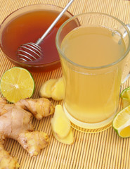 Cup of fresh ginger tea with lime and honey 