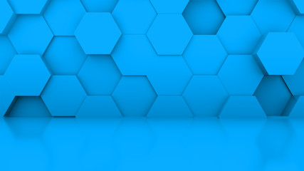3d rendering wall of many blue cubes located at different levels in a blue studio. Computer generated abstract background.