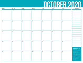 October 2020 desk calendar vector illustration