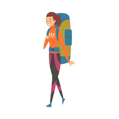 Female Tourist Walking with Backpack, Young Woman Going on Summer Vacation, Hiking, Adventures, Active Recreation Vector Illustration