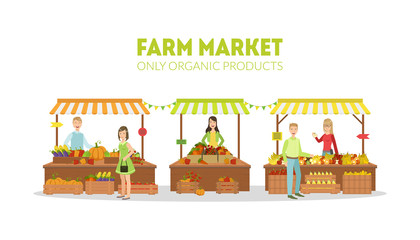 Obraz premium Farm Market, Farmers Selling Fresh Natural Organic Products on Stalls with Awnings on Organic Market Vector Illustration