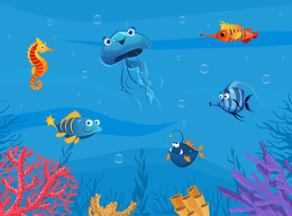 Naklejka na ściany i meble Undersea World, Cute Marine Animals Background, Underwater Sea Scene with Tropical Fishes Vector Illustration