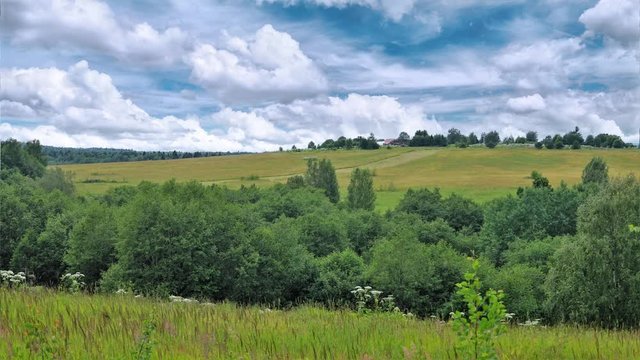 Panoramic view on meadow landscape under flying bright white clouds