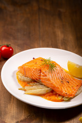 Prepared fish steak and fennel, food and copy space