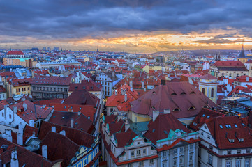 Aerial view on the center of Prague at sunset