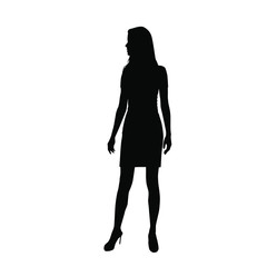Silhouette of a woman in summer dress standing, business people,vector illustration, black color, isolated on white background
