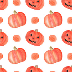 watercolor halloween seamless pattern with pumpkins, circles. Pattern suitable for decoration for party, invitation, greeting card, fabric