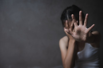 woman raised her hand for dissuade, campaign stop violence against women. copy space, Wound...
