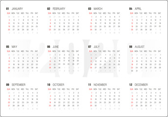 2020 calendar vector template. Abstract empty isolated set 2020 calendar. Screen, desktop months 2020, agenda. Black and white vector mock up calendar, day planner. Set 12 month pages graphic element.