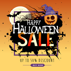 Halloween big sale poster with jack o lantern pumpkin and full moon. Halloween background