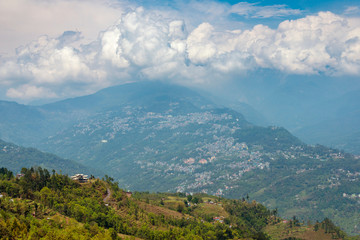 Fototapeta na wymiar White clouds over Gangtok city, Sikkim, India