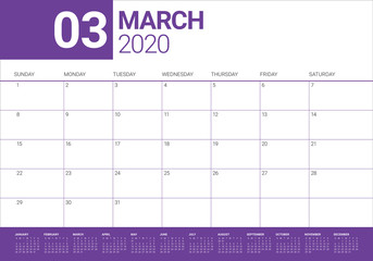 March 2020 desk calendar vector illustration