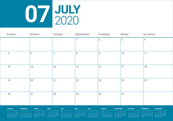 July 2020 desk calendar vector illustration