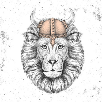 Hipster animal lion wearing a viking helmet. Hand drawing Muzzle of lion