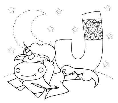 letter j and funny cartoon unicorn animals alphabet a z coloring page printable worksheet handwriting practice unicorns sleeps under the night sky stock vector adobe stock